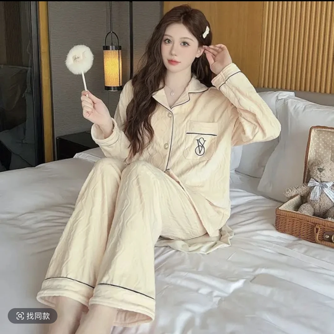琦欣家维密杏色海岛绒V时尚家居服套装女加厚