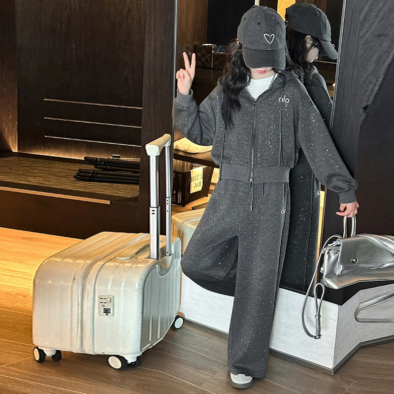 女童韩版休闲套装2025秋新款儿童双拉链连帽卫衣外套阔腿裤两件套