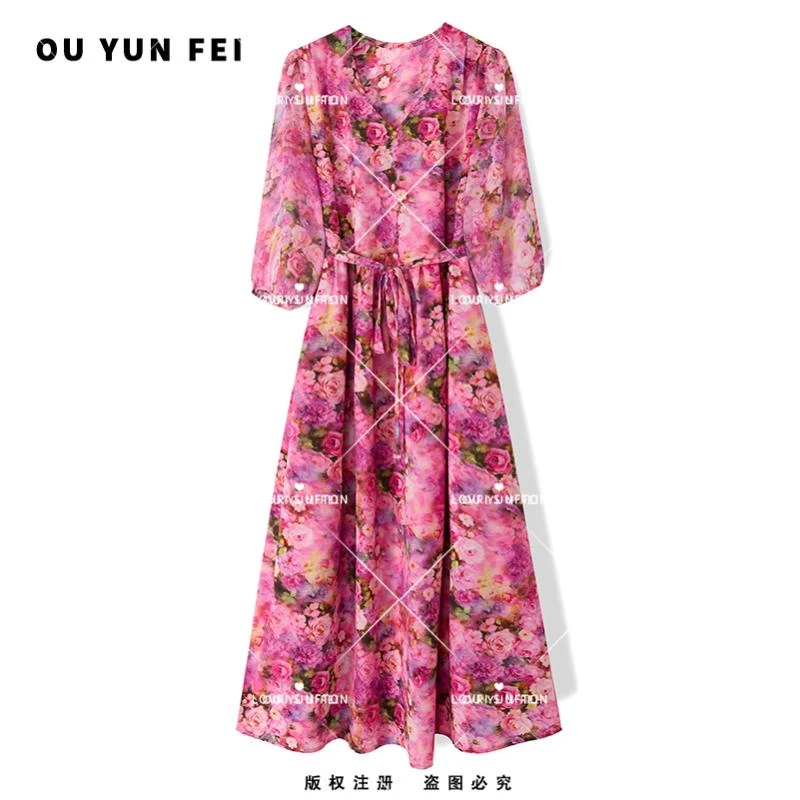 气质宽松连衣裙洋气夏季优雅时尚显白显瘦系带收腰女士长裙F1035