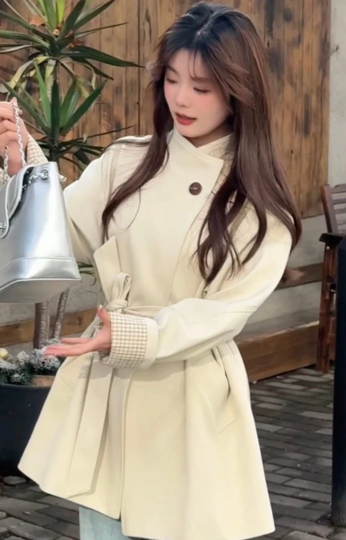 长袖法式女插肩袖中长款风衣秋冬新款一粒扣网红显瘦气质款065