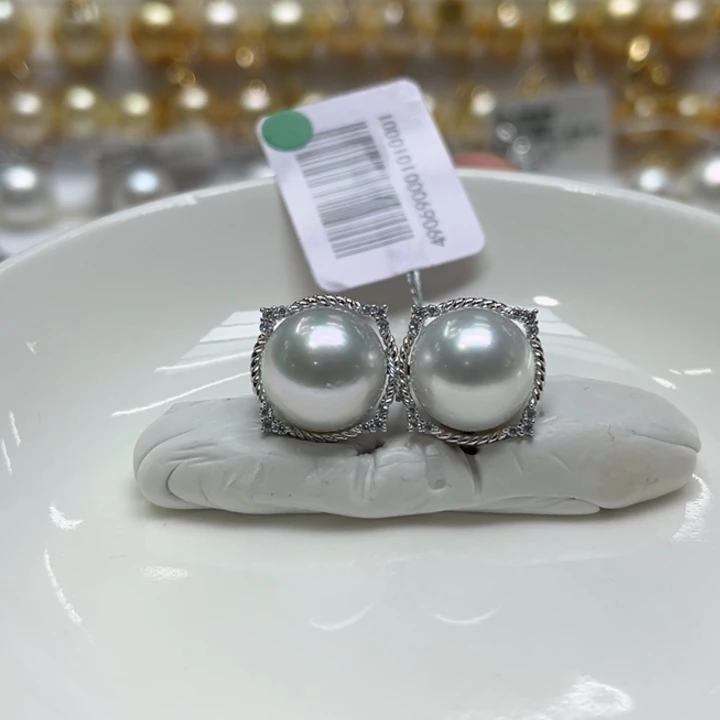 银S925镶嵌耳饰海水珍珠澳白11-12mm 54号