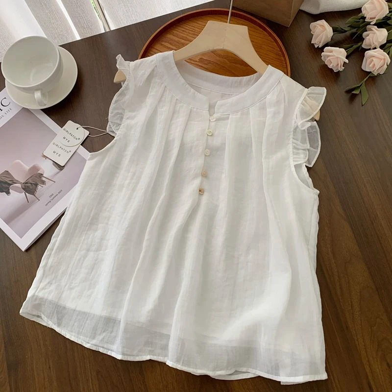 【运法式荷叶边飞飞袖显瘦百搭韩系女减龄甜美夏季娃娃衫衬衫上衣