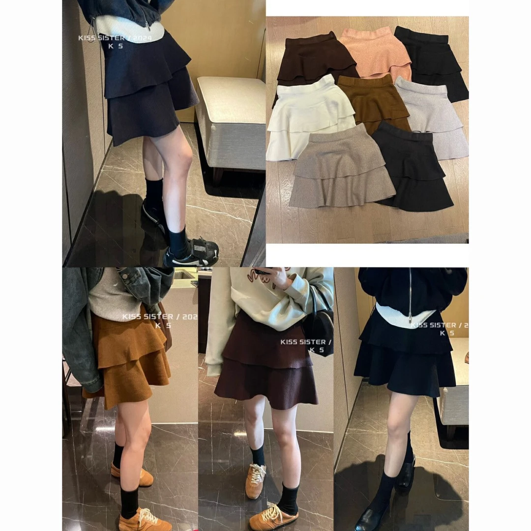 秋冬韩版半身裙基础简约针织裙显瘦百搭荷叶边双层蛋糕气质短裙