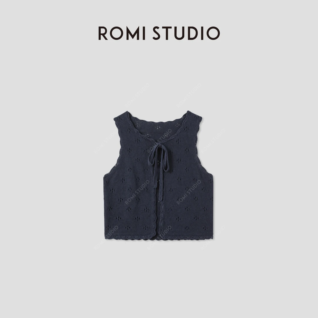 ROMI STUDIO“法式复古”天然亚麻镂空钩织系带马甲开衫 RWCRST4131