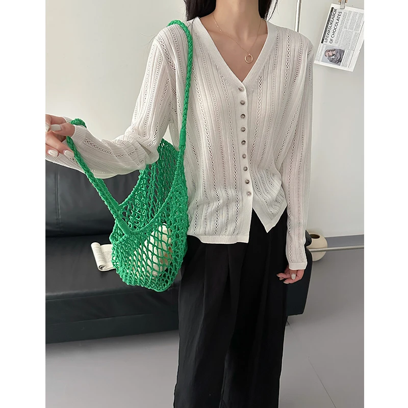 薄款毛针织衫长袖女V领镂空毛衣小众纯色夏季外搭气质宽松百搭