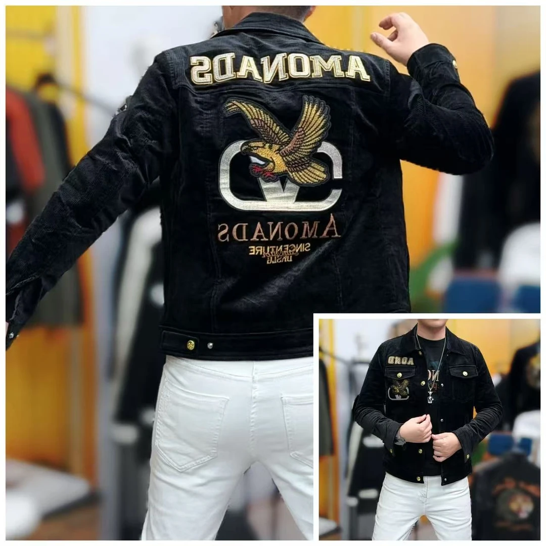 9853保暖翻领夹克加棉高品质刺绣单排扣休闲冬季标准外套