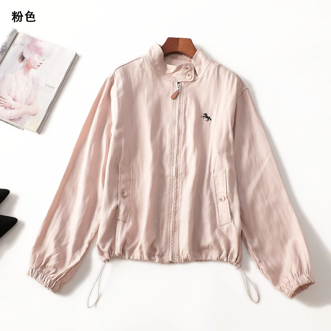 412034秋短款长袖休闲拉链外套春秋上衣粉色立领纯色女士女装