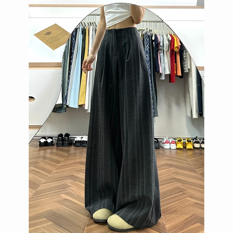 灰色条纹设计感阔腿休闲裤女2025夏季薄款宽松显瘦时尚百搭拖地裤
