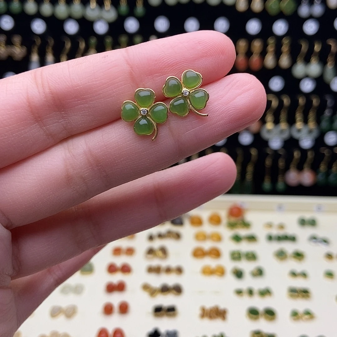 和田玉银S925镶嵌耳饰