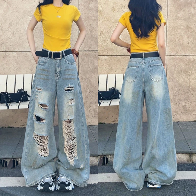 39929破洞洗水复古渐变阔腿牛仔裤2025年夏季新款宽松百搭长裤