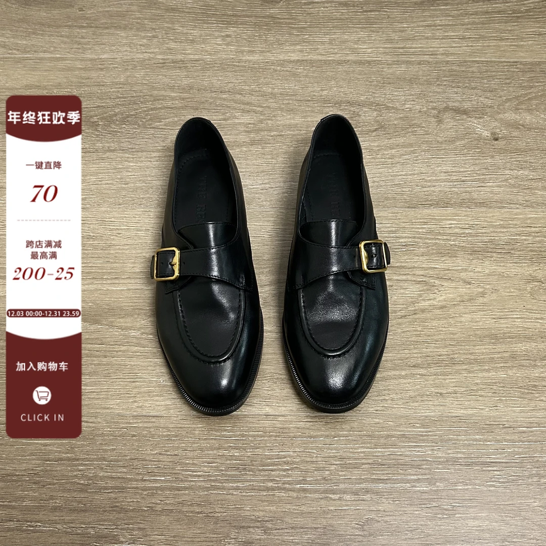 Dannyfrey复古英伦风真皮小皮鞋女皮带扣一脚蹬乐福鞋圆头单鞋
