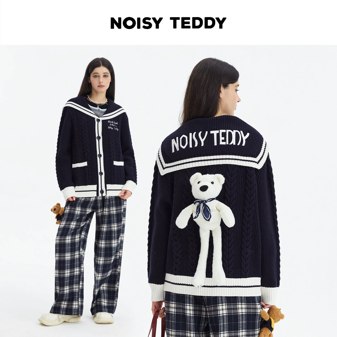 NOISY TEDDY小熊玩偶海军领开衫毛衫学院风针织宽松减龄毛衣外套