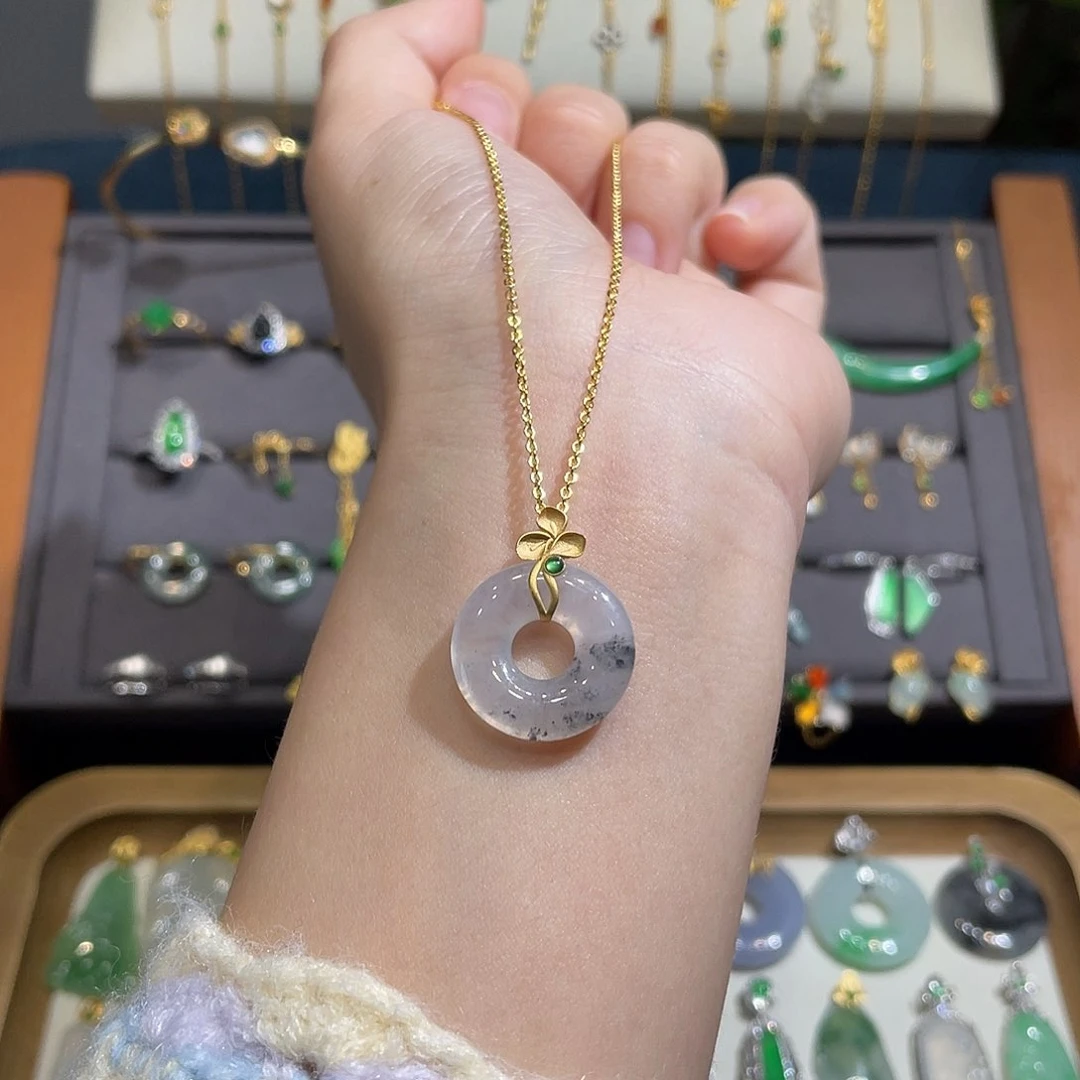 翡翠吊坠(不含链)18K金镶嵌冰乌鸡甜甜圈