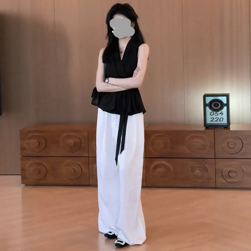 V领挂脖绑带收腰无袖衬衫显瘦高腰阔腿直筒裤套装女2025夏季新款