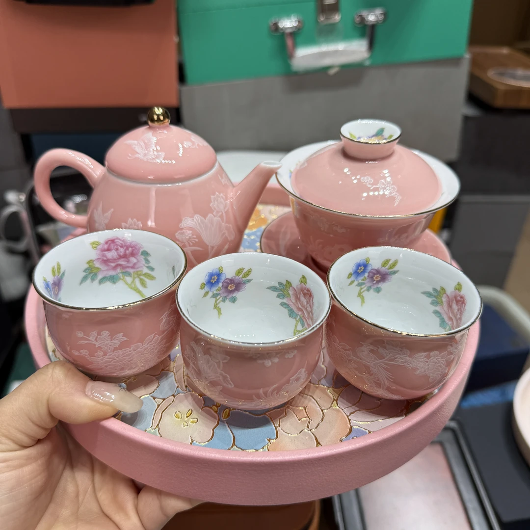 【闪购商品】羊脂玉瓷粉丝锦上添花茶壶茶具套装  mc038