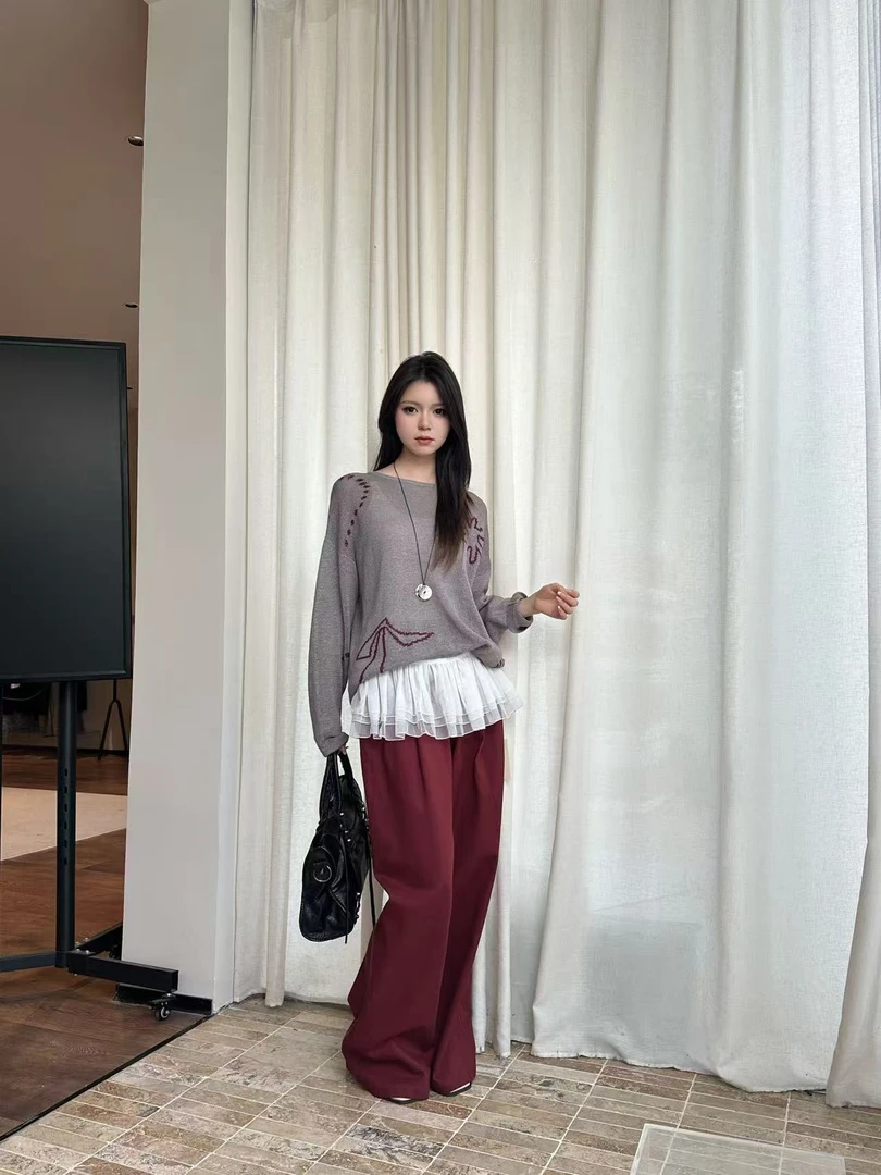 IN OASIS安可拉红裤子小众设计感显瘦调性