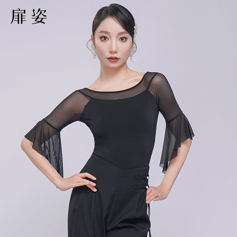 扉姿 摩登舞服女夏季新款国标舞练功服连体衣圆领跳舞上衣M1086