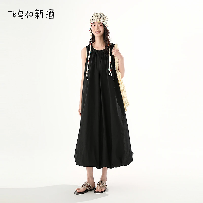 飞鸟和新酒黑色气质花苞裙夏宽松纯棉显瘦无袖连衣裙FA530182095