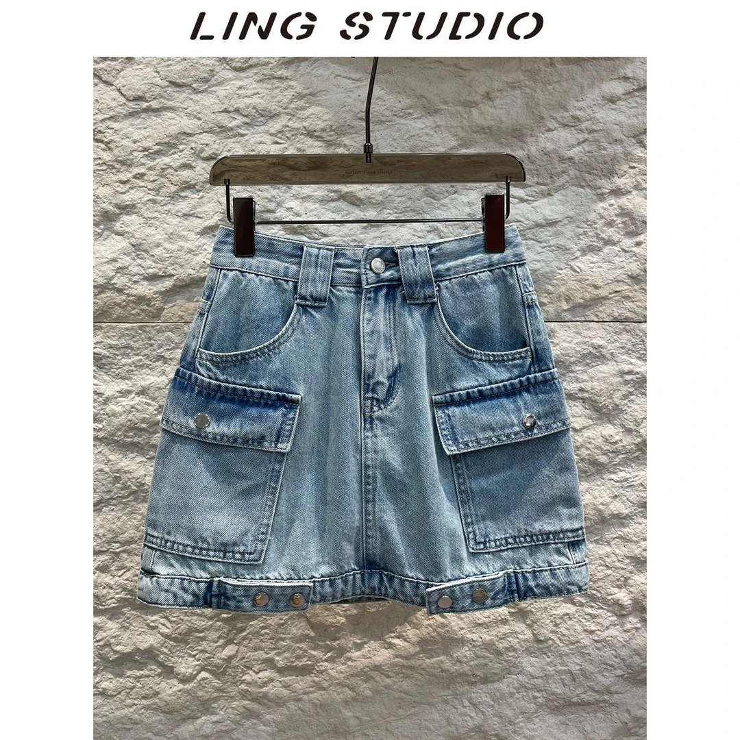 4031290-零零『工装范儿』韩版洋气显瘦休闲百搭水洗做旧牛仔短裙