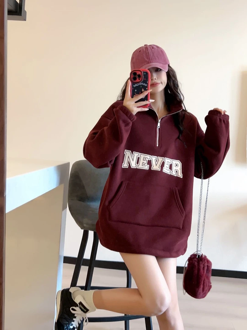 0436【冬季新款】大字母NEVER半拉链下摆抽绳宽松卫衣（6327）