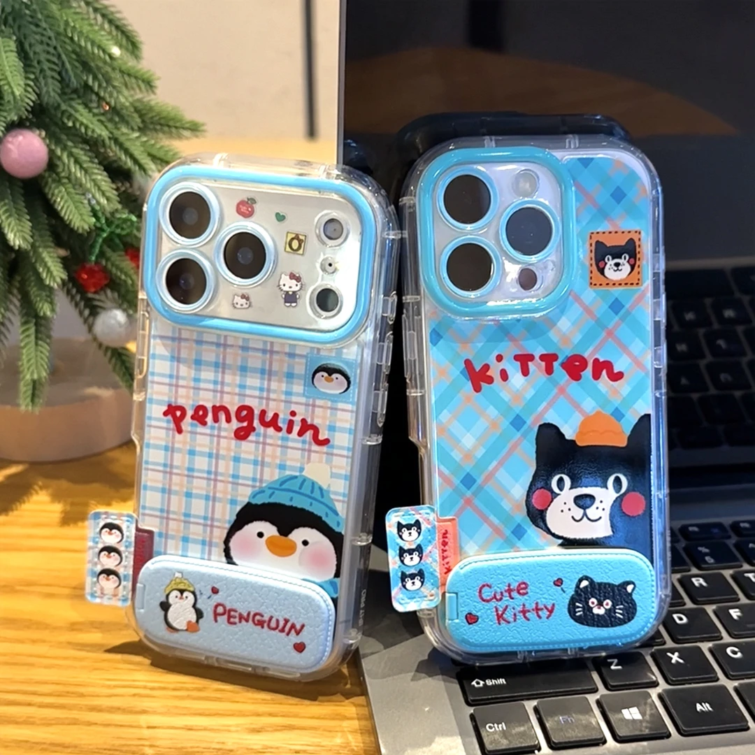 格纹企鹅吉利猫适用苹果17支架手机壳16情侣华为vivo小米15oppo套
