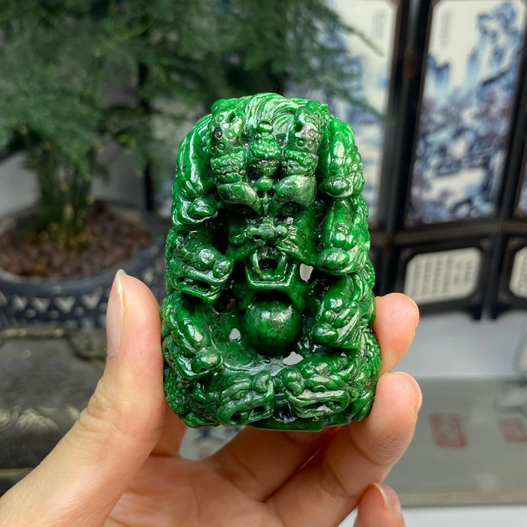 老料满绿辣的九龙至尊挂件摆件 天然翡翠A货