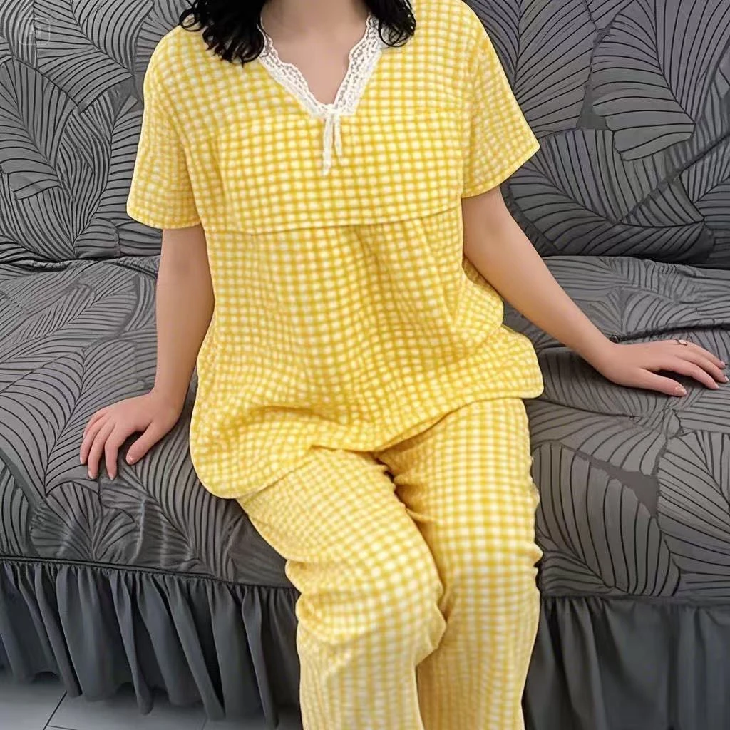 夏季大码睡衣女短袖长裤云朵棉家居服套装可外穿