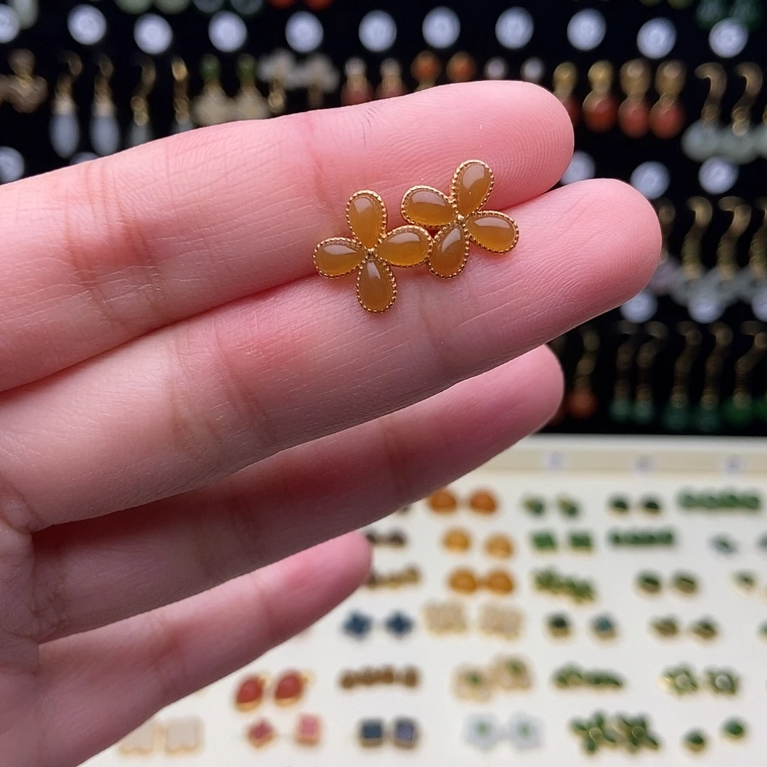 和田玉银S925镀金镶嵌耳饰