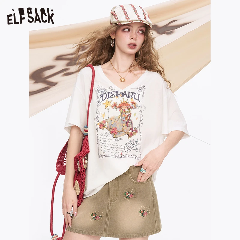 v领印花短袖t恤女2025年夏季新款宽松休闲显瘦小众上衣25205054