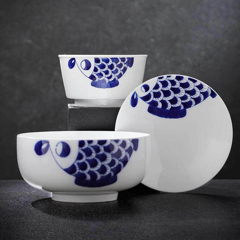 景德镇高温陶瓷釉下彩青花手绘吃饭碗盘子家用高颜值餐具胖儿鱼