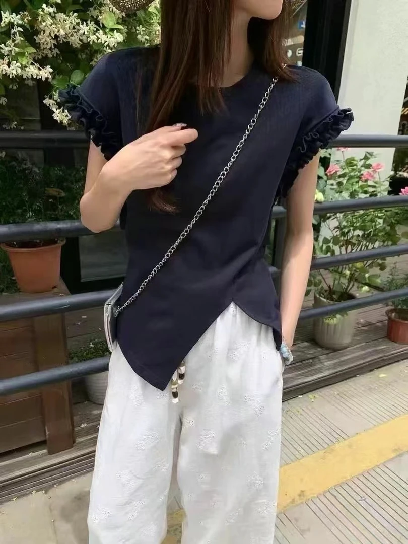 韩代KM设计感花边后背系带短袖8683