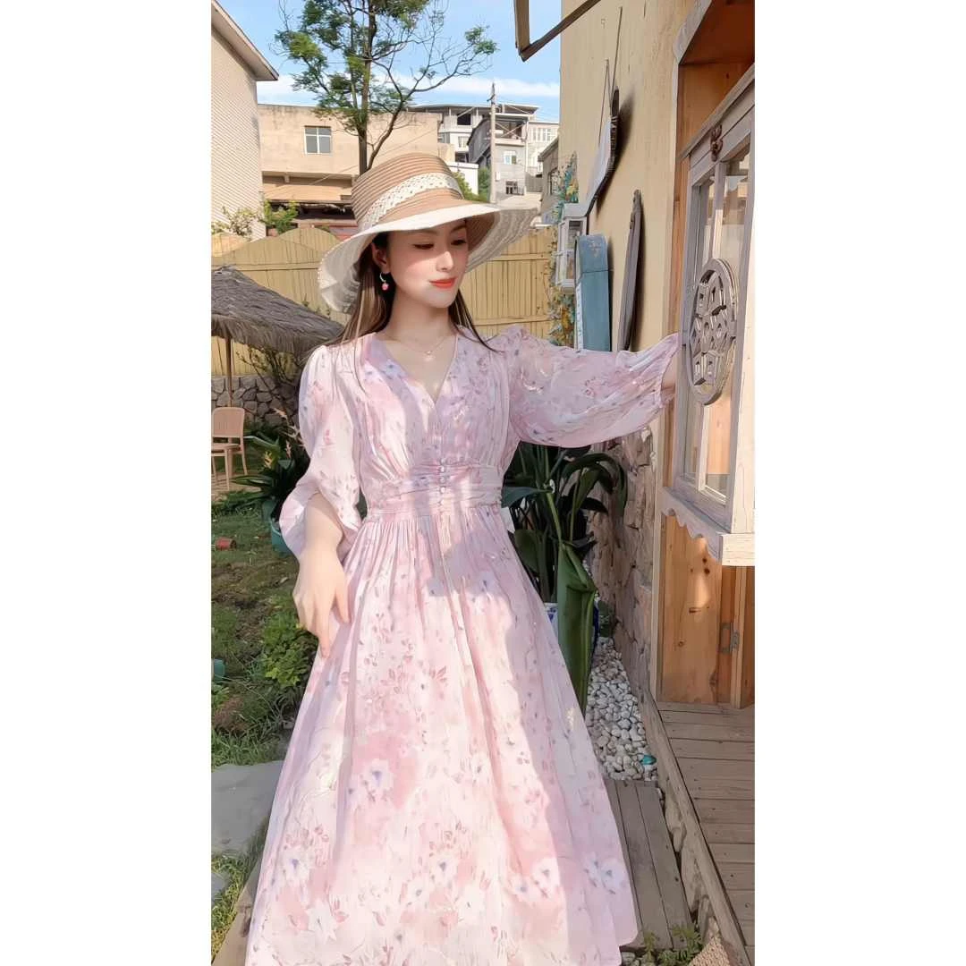 千语栀【落花惊雨】碎花甜美连衣裙收腰浪漫仙女裙高腰夏款流行裙子