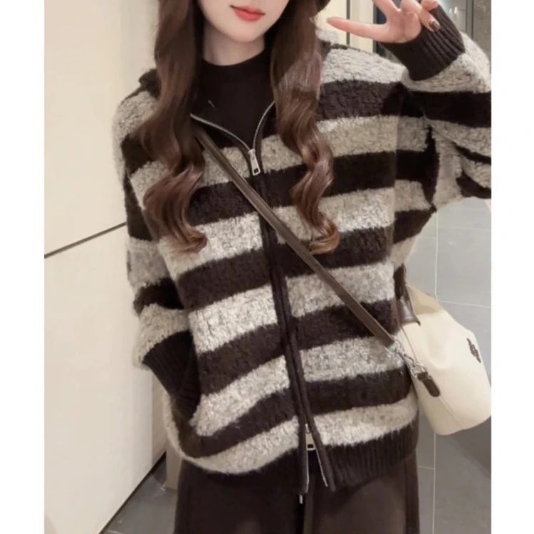 复古慵懒风宽松双头拉链连帽口袋条纹毛衣外套女秋冬季拉链针织衫