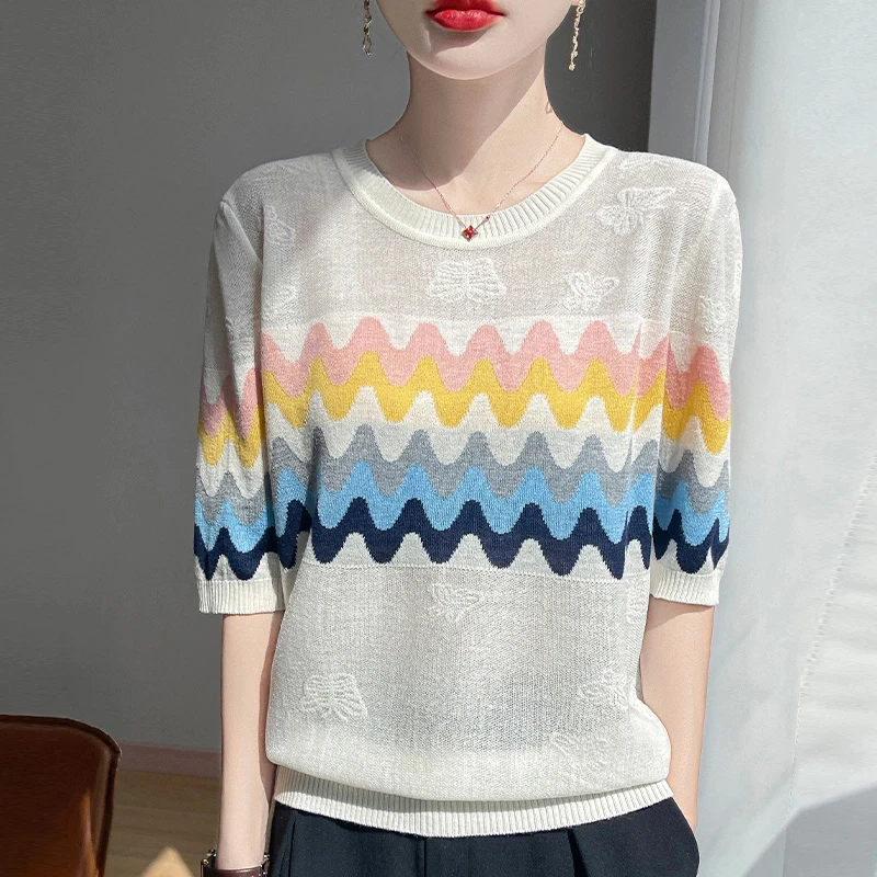 浪漫的彩虹色水波纹莱夏季圆领短袖T恤套头薄款短袖