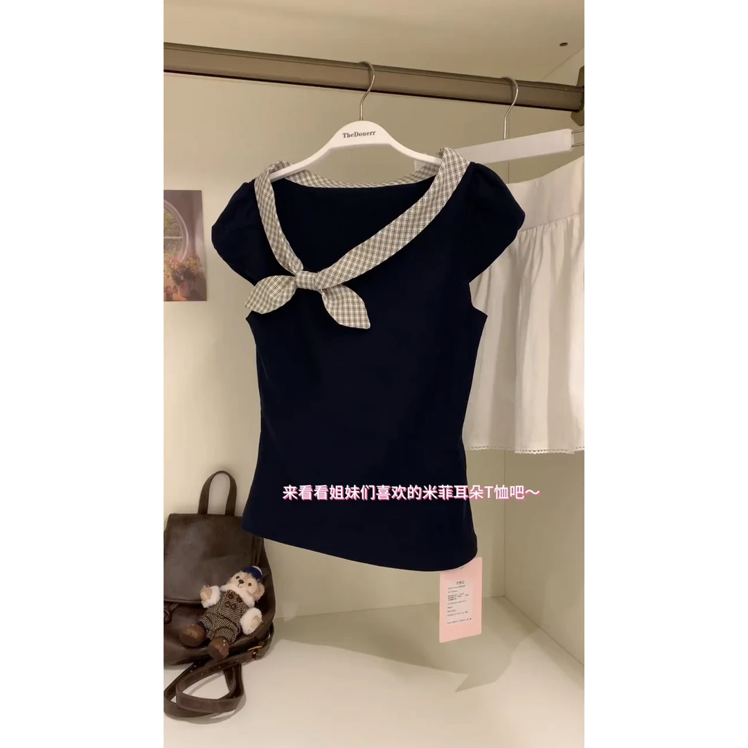 蝴蝶格子拼接短袖T恤女夏季新款设计感半袖修身百搭甜美减龄上衣