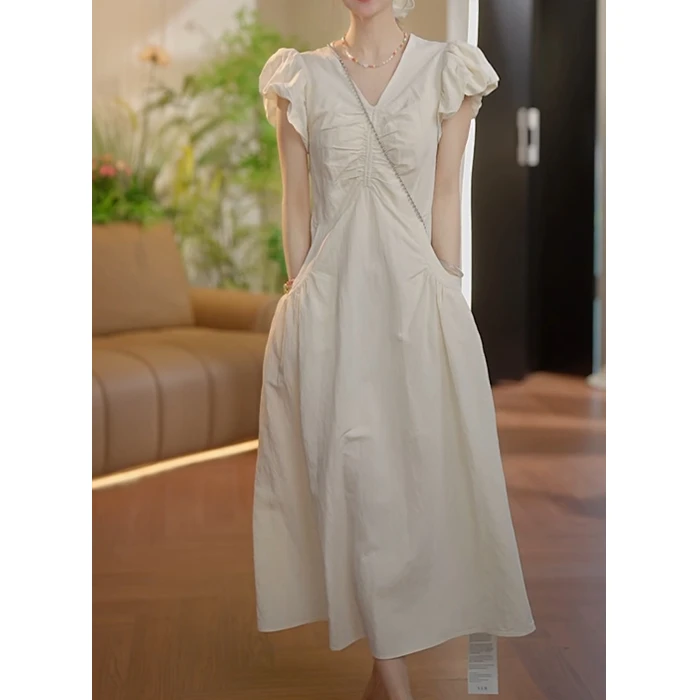 法式抽绳短袖大口袋连衣裙女2025夏日气质收腰显瘦绝美小裙子8467