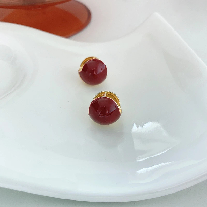 铜合金耳饰 时尚安可拉红一面金一面红珐琅耳饰滴油球球耳扣