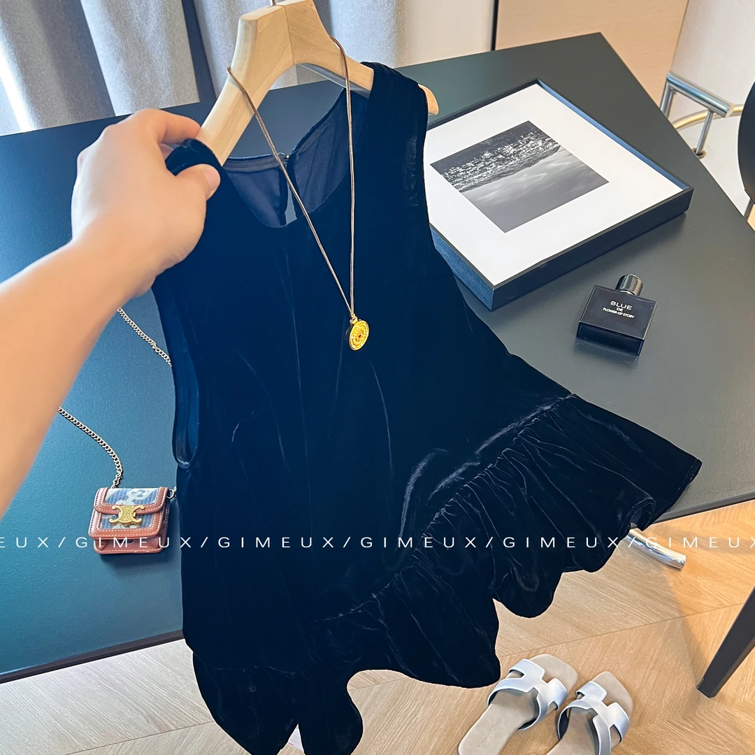 韩版无袖丝绒荷叶边无袖衬衫女2025新款设计感宽松百搭背心上衣夏