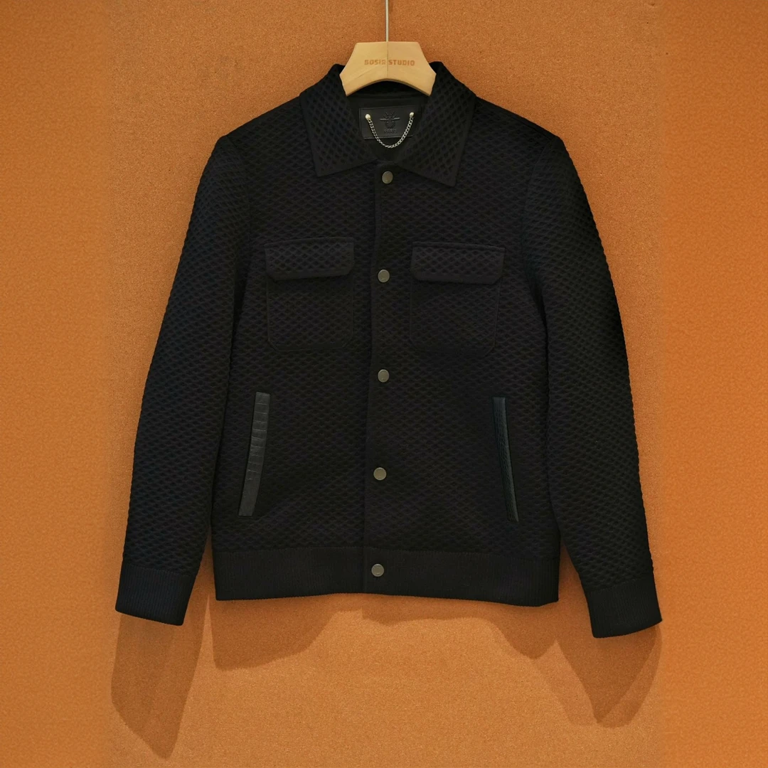 蛇形格纹拼皮针织夹克黑色保暖翻领外套男款休闲93082