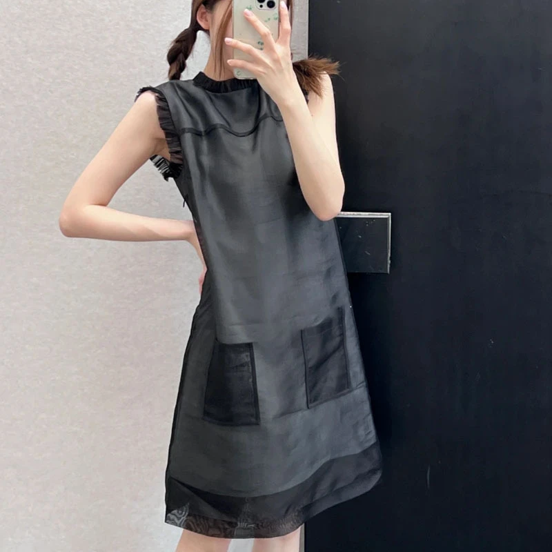 （特价款）休闲简约真丝花边双层连衣裙