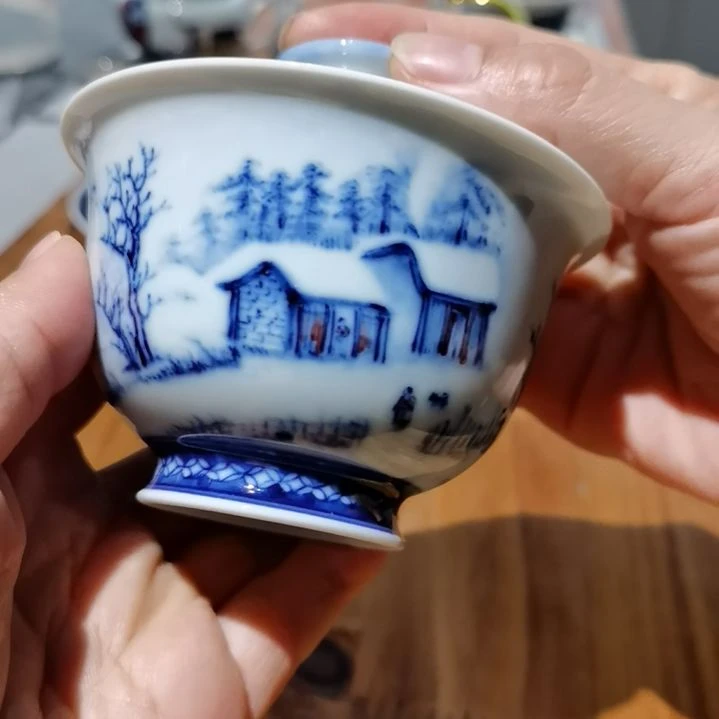 杯手工手绘柴窑青花雪景山水盖碗
