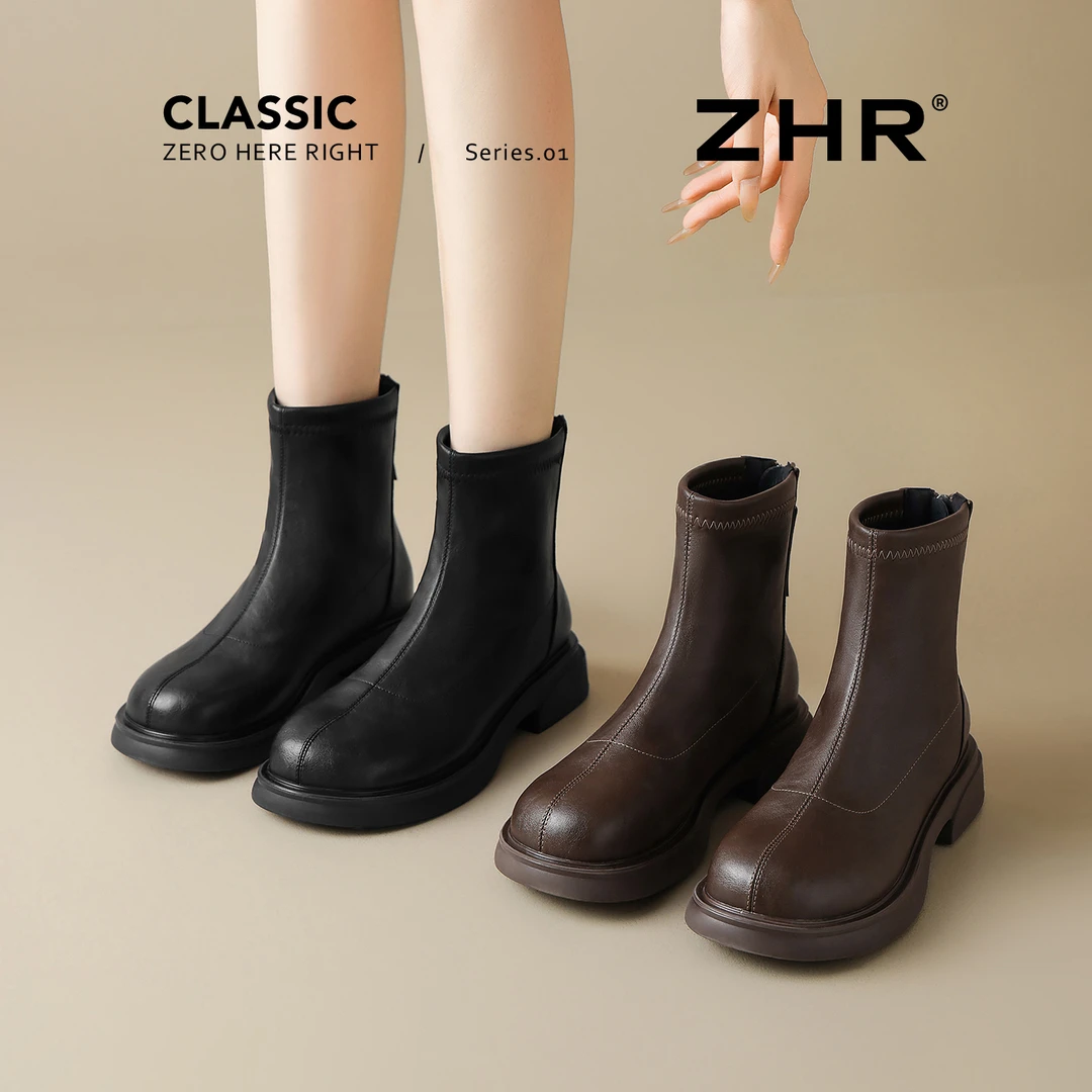 ZHR/则则时装靴女秋冬新款加绒保暖简约粗低跟瘦瘦靴百搭短靴Z