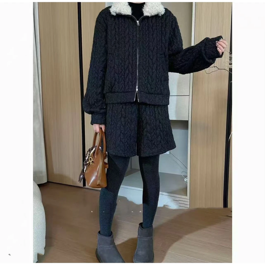 姗姗私服 慵懒风高腰短裤女装冬加厚时尚套装外套+短款两件套6595
