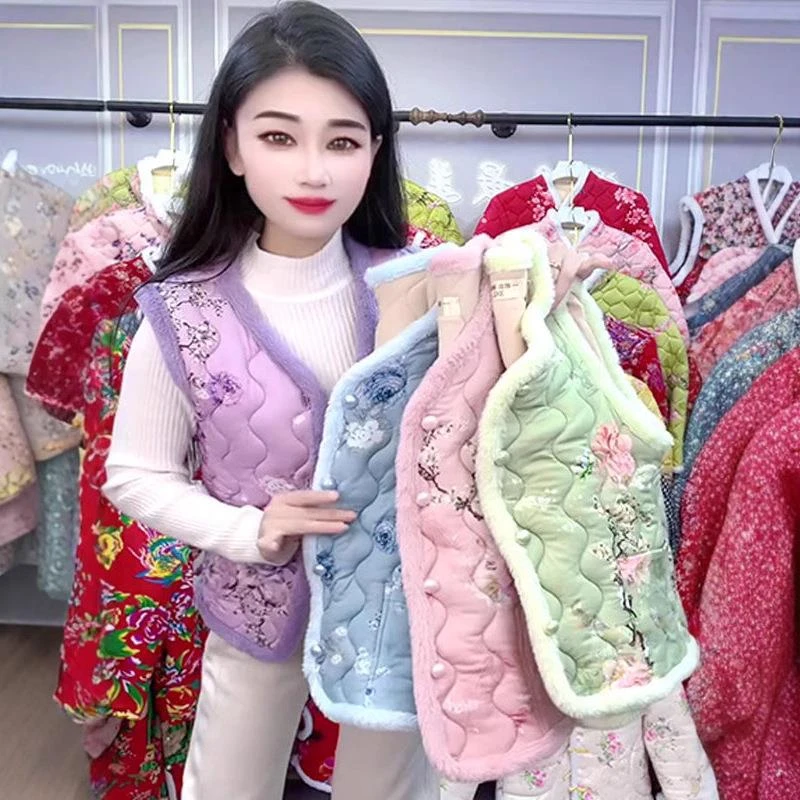 秋冬时尚加绒加厚中老年妈妈款马甲女东北坎肩背心国风印花外套潮