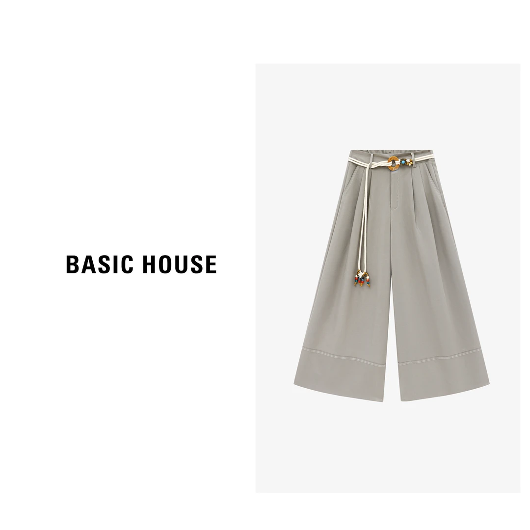 Basic House/百家好夏季腰带休闲百搭抽绳直筒长裤-B0625B5AYW2
