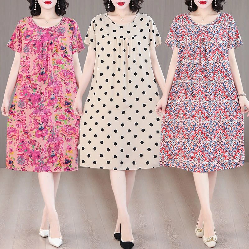 棉绸连衣裙女夏季时尚外穿人造棉短袖宽松加肥加大码遮肚碎花裙子