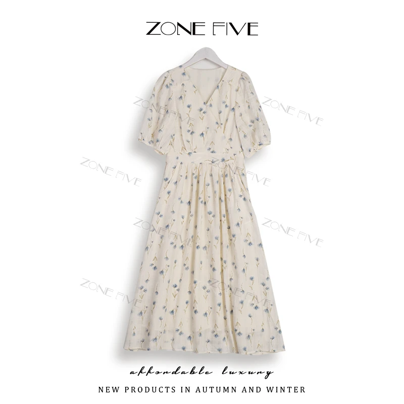 zonefive法式碎花夏季泡泡袖飘逸连衣裙显瘦气质9027