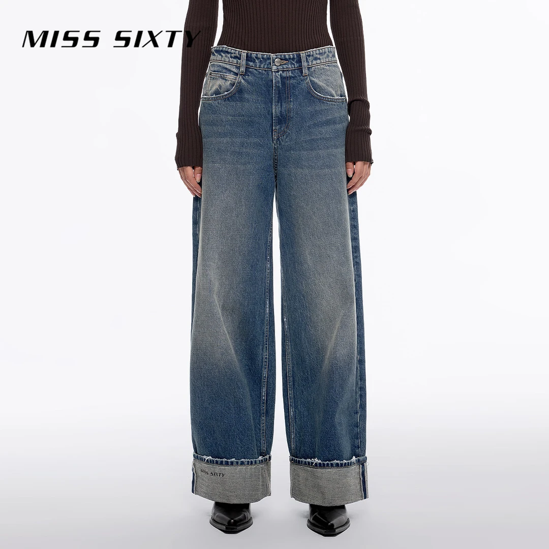 Miss Sixty新款牛仔裤女复古磨白水洗翻边设计感阔腿裤