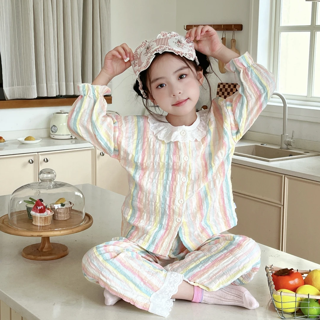 【7A抗菌时光棉】2025新款亲子装家居服女童花边甜美八分袖睡衣套装