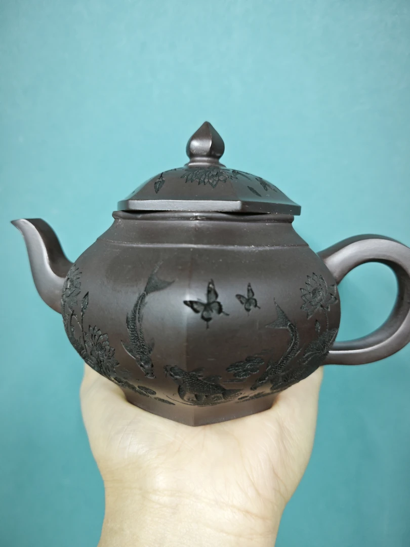 DT1284鱼趣六方笑樱紫龙血砂全手工紫砂壶